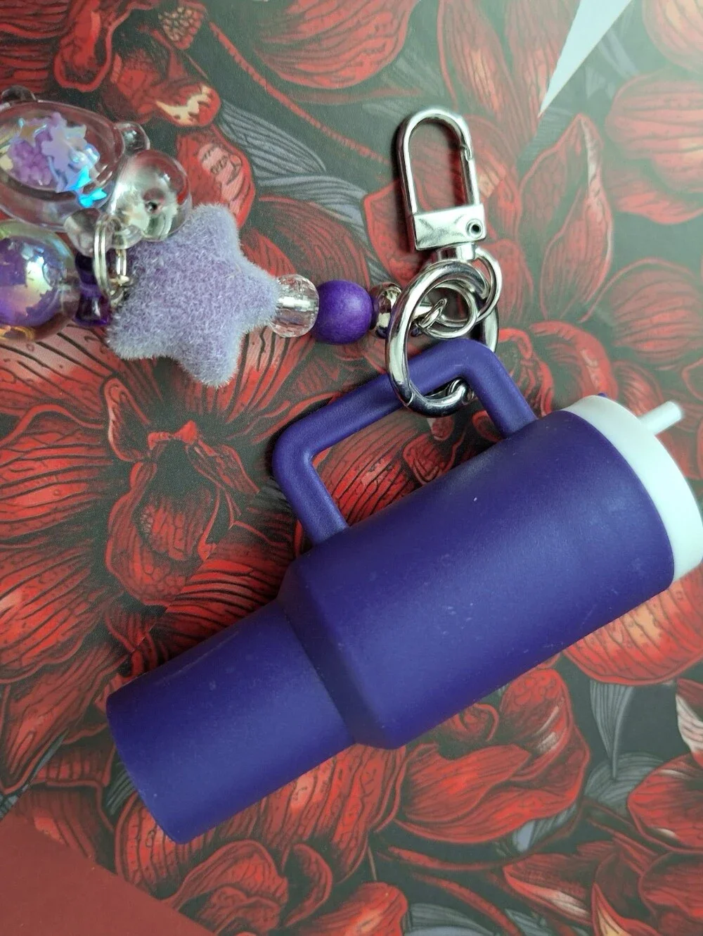 Purple Pill Bottle Chapstick Holder Flocked Star Turtle Keychain Purse Charm